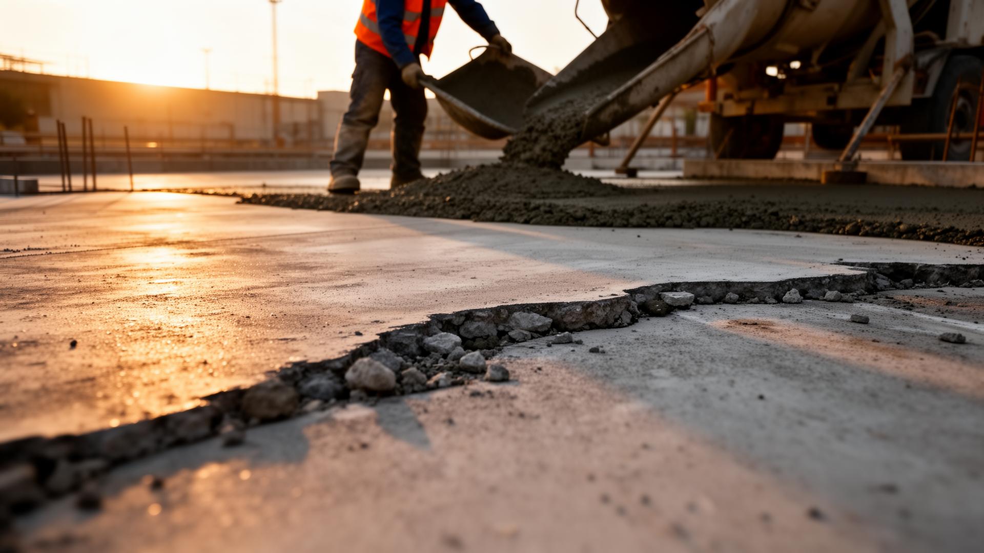 Worker pouring fresh concrete at sunset
